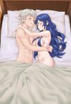  1boy 1girl blue_hair breasts closed_eyes commission completely_nude convenient_censoring cuddling eyes_of_grima fire_emblem fire_emblem_awakening from_above hand_tattoo highres large_breasts long_hair lucina_(fire_emblem) male_robin_(fire_emblem) muscular muscular_male navel nude on_bed pillow redkite333 shared_bed shared_blanket sleeping sleeping_together smile tattoo under_covers very_long_hair white_hair 