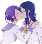  blue_hair blue_sailor_collar blush braid closed_eyes dokidoki!_precure glasses half_updo hands_on_shoulders hishikawa_rikka kenzaki_makoto kiss long_hair multiple_girls negom oogai_daiichi_middle_school_uniform precure purple_hair sailor_collar school_uniform short_hair simple_background surprise_kiss surprised white_background yuri 