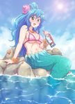  :d alcohol blue_hair blush bottle bracelet breasts cleavage day drunk e20 jewelry large_breasts long_hair mermaid monster_girl namiuchigiwa_no_muromi-san navel ocean open_mouth ponytail seashell shell sitting sky smile solo starfish sumida-san sun very_long_hair wide_ponytail 