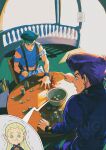  3boys absurdres big_hair blonde_hair blood bowl bracelet chair clothing_cutout coat coin commentary_request crop_top diamond_wa_kudakenai dice earrings earth_wind_&amp;_fire_(stand) face_piercing fisheye gakuran green_eyes green_hair green_headband hazekura_mikitaka headband higashikata_josuke highres jewelry jojo_no_kimyou_na_bouken kishibe_rohan kitsunewara long_hair long_sleeves male_focus midriff multiple_boys navel nose_piercing official_alternate_costume open_mouth paper pen piercing pointing pointy_ears pompadour purple_coat purple_hair scared school_uniform short_sleeves shoulder_cutout sitting stand_(jojo) suspenders sweat sweatdrop table trembling wristband 