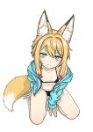  1girl animal_ear_fluff animal_ears aqua_jacket bikini black_bikini breasts closed_mouth commentary_request fox_ears fox_girl fox_tail from_above jacket long_sleeves looking_at_viewer looking_up nito_(nshtntr) open_clothes open_jacket original simple_background sitting small_breasts solo swimsuit tail white_background yellow_eyes 