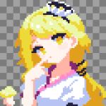  1girl black_hairband blonde_hair breasts clam_shell_ornament commentary_request dress frilled_sleeves frills hair_ornament hairband highres japanese_clothes long_hair pixel_art shell shell_hair_ornament short_sleeves solo takeez3 touhou very_long_hair watari_nina white_dress yellow_eyes 