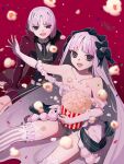  1boy 1girl absurdres bare_shoulders black_bow black_eyes black_vest blush bow breasts coat colored_inner_hair commentary fate/grand_order fate_(series) food francesca_prelati_(fate) francois_prelati_(fate) grey_hair hair_bow highres koma315ht long_hair looking_at_viewer medium_breasts multicolored_hair necktie parted_bangs popcorn red_coat ringed_eyes shirt short_hair sidelocks thighs very_long_hair vest white_hair white_shirt 