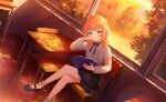  1girl ahoge autumn autumn_leaves black_ribbon black_skirt blue_eyes blunt_bangs bobby_socks book bow burning campfire chair classroom cloud commentary_request crossed_legs desk dusk evening fire fireplace frills game_asset gradient_sky highres holding holding_book indoors leaf letterboxed long_sleeves looking_at_viewer mary_janes motosu_towa non-web_source official_art open_book orange_hair orange_sky orange_theme pillarboxed power_lines red_sky ribbon school_desk self-datamine shirt shoes short_hair sitting skirt sky socks solo sun sunlight sunset tree twilight white_shirt white_socks window world_dai_star yellow_sky 