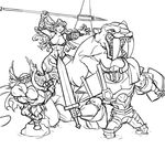  2boys abs amazon_(dragon's_crown) armor axe battle_axe bikini_armor dragon's_crown dwarf_(dragon's_crown) fighter_(dragon's_crown) full_armor golden_axe greyscale halberd helmet horned_helmet knight long_hair matsu-sensei monochrome multiple_boys muscle muscular_female parody polearm sabretooth_tiger shield sketch sword weapon winged_helmet 