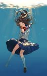  air_bubble brown_hair bubble closed_eyes cotta fish floating_hair hands_together kneehighs leaf light_rays long_hair original pleated_skirt sailor_collar_lift school_uniform serafuku shoes single_shoe skirt solo sunbeam sunlight underwater wet wet_clothes white_legwear 