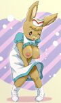 abstract_background absurd_res alice_(maple_town) anthro big_breasts breasts brown_body brown_eyes brown_fur clothed clothing dress embarrassed exposed_breasts female footwear fur headgear headwear hi_res holding_clothing holding_dress holding_object kemono lagomorph leporid mammal maple_town melonleaf nipples nurse nurse_clothing nurse_headwear nurse_uniform one_eye_closed open_mouth open_smile rabbit shoes smile solo uniform upskirt