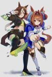 2girls absurdres animal_ears antenna_hair black_jacket blue_skirt boots breasts brown_hair brown_tail camisole commentary_request daiwa_scarlet_(peak_blue)_(umamusume) daiwa_scarlet_(umamusume) full_body hair_intakes hair_over_one_eye high_heel_boots high_heels highres horse_ears horse_girl jacket kicking large_breasts long_hair looking_at_viewer multicolored_hair multiple_girls no_uwazumi open_clothes open_jacket open_mouth punching simple_background skirt smile standing standing_on_one_leg streaked_hair tiara twintails umamusume v-shaped_eyebrows vodka_(umamusume) vodka_(wild_top_gear)_(umamusume) white_background white_streaks yellow_camisole 