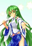  bad_id bad_pixiv_id bare_shoulders detached_sleeves frog_hair_ornament gennsuikyou green_eyes green_hair hair_ornament highres kochiya_sanae long_hair navel outstretched_hand solo star thighs touhou very_long_hair 