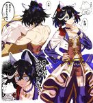  1girl animal_ears back bare_shoulders black_hair blue_eyes bodice breasts choker closed_mouth commentary_request corset cropped_jacket ear_covers garter_straps hair_between_eyes hair_ornament hand_on_own_hip highres horse_ears horse_girl horse_tail jacket jagaimobeniko katsuragi_ace_(umamusume) long_hair long_sleeves medium_breasts midriff_peek multicolored_hair overskirt pendant_choker ponytail purple_choker purple_garter_straps purple_thighhighs red_corset red_shorts shirt shorts starting_future_(umamusume) streaked_hair tail tassel tassel_hair_ornament thighhighs toned toned_female umamusume unworn_jacket white_hair white_jacket wristband 
