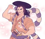  1boy black_hair caydeus commentary falling_petals hand_on_own_hip japanese_clothes kimono kouzuki_oden long_hair looking_at_viewer male_focus one_eye_closed one_piece open_mouth orange_kimono petals purple_sash rope sash shimenawa sideburns smile solo sword weapon 