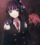  1girl black_coat black_hair closed_mouth coat commentary_request epaulettes flower green_eyes hair_ribbon hair_tie heaven_burns_red highres looking_at_viewer military_coat military_uniform natsume_inori neck_ribbon pink_ribbon ponytail red_ribbon ribbon shirt spider_lily toyatopa twitter_username upper_body white_shirt 
