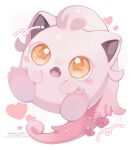  blush blush_stickers bow commentary fangs heart highres iwasi_29 looking_at_viewer no_humans open_mouth pink_bow pokemon pokemon_(creature) pokemon_focus scream_tail untranslatable_commentary yellow_eyes 