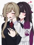  alternate_costume aoi_sakanazz black_hair black_shirt bow brown_hair closed_mouth collar columbina_(genshin_impact) commentary_request genshin_impact hair_ornament hair_ribbon hand_on_another's_cheek hand_on_another's_face heart highres long_hair long_sleeves multicolored_hair multiple_girls open_mouth purple_eyes purple_hair purple_streaks red_ribbon ribbon sandrone_(genshin_impact) school_uniform shirt short_hair_with_long_locks simple_background smile streaked_hair two-tone_hair upper_body very_long_hair white_background white_bow white_collar white_shirt yuri 