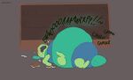  2026 after_eating antennae_(anatomy) anthro arthropod artist_name axoarts bloated blue_body blue_tail blush blush_lines blushcrunch_studio book bookshelf burping caterpillar dandy's_world digital_media_(artwork) freckled_face freckles furniture green_antennae green_body green_tail hi_res insect inside larva lying male multi_limb multicolored_body on_back onomatopoeia solo sound_effects squirm_(dandy's_world) tail taur text toon_(dandy's_world) two_tone_tail 