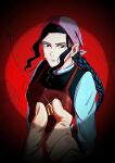  1boy 2girls bandana black_eyes black_hair braid braided_ponytail bullet dress golden_kamuy highres holding holding_bullet long_hair long_sleeves multiple_girls noji_fa olga_(golden_kamuy) red_background shirt sofia_(golden_kamuy) sweatdrop tsurumi_tokushirou 