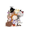  1boy 6+girls ahoge animal_ears black_hair blast_onepiece_(umamusume) blonde_hair blue_eyes bow bowtie braid braided_hair_rings brown_hair brown_shoes closed_eyes crossed_arms curren_chan_(umamusume) dream_journey_(umamusume) durandal_(umamusume) ear_bow ear_covers glasses grey_hair hair_rings hat highres horse_ears horse_girl horse_tail horseshoe_ornament ikezoe_ken'ichi loafers long_hair multicolored_hair multiple_girls orange_hair orfevre_(umamusume) pleated_skirt poteo_(poteo_mot) puffy_short_sleeves puffy_sleeves purple_bow purple_bowtie purple_shirt real_life red_bow sailor_collar sailor_shirt school_uniform shirt shoes short_sleeves simple_background single_ear_cover sitting sitting_on_person skirt sweep_tosho_(umamusume) tail tracen_school_uniform twitter_username two-tone_hair umamusume white_background white_hair white_skirt witch_hat 
