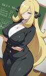  1girl black_jacket black_pants black_suit blonde_hair breasts chalkboard cleavage collared_shirt commentary_request crossed_arms cynthia_(pokemon) grey_eyes hair_ornament hair_over_one_eye jacket long_hair long_sleeves looking_at_viewer medium_breasts mituyota_76 pants pokemon pokemon_diamond/pearl/platinum shirt smile solo suit thighs translation_request white_shirt wide_hips 