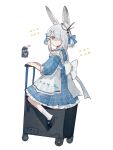  1girl 1other aged_down amiya_(arknights) amiya_(arknights)_(cosplay) animal_ear_fluff animal_ears apron arknights back_bow black_shoes blue_dress bow chibi chinese_commentary closed_mouth commentary_request cosplay dress frostnova_(arknights) full_body grey_eyes grey_hair hair_ornament hair_over_one_eye hairclip highres looking_at_viewer makotoinu official_alternate_costume on_suitcase plaid_clothes plaid_dress rabbit_ears rabbit_girl rolling_suitcase scar scar_on_face scar_on_nose shoes simple_background sitting smile solo solo_focus suitcase two_side_up white_apron white_background white_bow white_rabbit_candy 