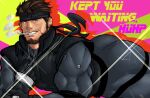  1boy ass bara beard black_headband brown_eyes brown_hair cigarette commentary english_commentary english_text facial_hair gift_art glint headband huge_ass jaderarts looking_at_viewer lying male_focus metal_gear_(series) mustache_stubble on_stomach short_hair smoking sneaking_suit solid_snake solo stubble teeth 