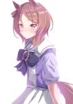  1girl absurdres animal_ears blush bow bowtie breasts brown_hair closed_mouth commentary flower-shaped_pupils flower_in_eye hair_ornament highres horse_ears horse_girl horse_tail looking_at_viewer mahuyuyu0 pink_eyes pleated_skirt puffy_short_sleeves puffy_sleeves purple_bow purple_bowtie purple_eyes purple_shirt sailor_collar sailor_shirt sakura_laurel_(umamusume) school_uniform shirt short_hair short_sleeves simple_background skirt small_breasts smile solo symbol-shaped_pupils symbol_in_eye tail tracen_school_uniform umamusume white_background white_sailor_collar white_skirt 
