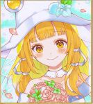  1girl alternate_costume alternate_headwear blonde_hair blue_flower blush bridal_veil bride closed_mouth commentary_request dress flower flower_request hair_ribbon hat hat_flower highres holding holding_flower looking_at_viewer moriya_suwako off-shoulder_dress off_shoulder pink_flower pink_rose portrait ribbon ringo33757 rose see-through_clothes see-through_veil shikishi smile solo touhou traditional_media tress_ribbon veil wedding_dress white_dress white_hat white_ribbon yellow_eyes 