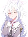  1girl absurdres badge black_neckerchief blue_archive bright_pupils chinese_commentary closed_mouth commentary_request grey_shirt hair_between_eyes halo head_wings highres id_card karin-best light_blush long_hair looking_at_viewer neck_ribbon neckerchief one_eye_closed purple_halo red_eyes red_ribbon ribbon sailor_collar shirt simple_background single_head_wing single_wing solo suzumi_(blue_archive) trinity_general_school_logo undershirt upper_body vertical-striped_neckerchief white_background white_hair white_pupils white_sailor_collar white_wings wings 