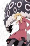  1girl absurdres black_pantyhose blonde_hair braid coat demon extra_eyes gabriel_(yomi_no_tsugai) gabu_(yomi_no_tsugai) hands_in_pockets highres hood hood_down hooded_coat long_sleeves mangpum_(taro109210) pantyhose red_coat red_eyes simple_background smile teeth twin_braids white_background yomi_no_tsugai 