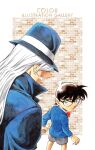  2boys aoyama_goushou black_coat black_hair black_hat blue_eyes blue_jacket border bow bowtie brown_background closed_mouth coat collared_shirt covered_eyes edogawa_conan evil_grin evil_smile feet_out_of_frame gin_(meitantei_conan) grey_shorts grin hair_over_eyes hat highres jacket long_hair long_sleeves looking_at_another looking_back meitantei_conan multiple_boys non-web_source official_art outside_border painting_(medium) red_bow red_bowtie serious shirt short_hair shorts smile standing teeth traditional_media v-shaped_eyebrows watercolor_(medium) white_border white_hair white_shirt 