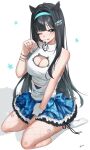  1girl absurdres ahoge aqua_headband bare_shoulders black_hair blue_skirt blush breasts cleavage cleavage_cutout closed_mouth clothing_cutout fish_hair_ornament fishnet_pantyhose fishnets goddess_of_victory:_nikke hair_ornament hairband headband highres idol large_breasts long_hair looking_at_viewer mint_(nikke) one_eye_closed pantyhose seiza shirt shupita sitting skirt sleeveless smile socks solo tongue tongue_out white_shirt white_socks 
