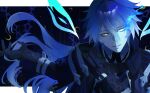  1boy arm_up black_capelet black_coat black_gloves blue_fire blue_hair bowing capelet coat collared_capelet crescent crossed_bangs fairy_wings fire flins_(genshin_impact) genshin_impact gloves glowing glowing_eyes gradient_hair hair_between_eyes hair_intakes hand_on_own_chest highres long_hair long_sleeves male_focus moon multicolored_hair night outline parted_lips purple_shirt shiino_715 shirt sleeve_cuffs solo upper_body very_long_hair white_outline wings 