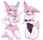 accessory anthro blue_eyes blush bottomwear bow_ribbon breasts bunny_costume clothing costume crop_top crossed_arms ears_down eeveelution eyewear female fluffy fluffy_chest generation_6_pokemon glasses hair hair_accessory hair_bow hair_ribbon hand_on_hip hestid hi_res legwear looking_at_viewer miniskirt navel nintendo pink_hair pivoted_ears pokemon pokemon_(species) ribbons round_glasses shirt simple_background skirt solo star sylveon tail thigh_highs topwear white_background
