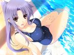  1girl arm_support bare_shoulders breasts brown_eyes cleavage feet_in_water fingernails from_above game_cg hand_on_thigh iizuki_tasuku long_hair looking_at_viewer looking_up lovely_x_cation lovely_x_cation_2 narukawa_hime one-piece_swimsuit open_mouth ponytail pool purple_hair shade sitting soaking_feet solo swimsuit thighs water wet 