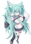 1girl absurdres adapted_costume animal_ear_fluff animal_ears black_skirt black_thighhighs boots chinese_commentary closed_mouth commentary_request fox_ears fox_girl green_eyes green_hair green_nails green_necktie grey_boots hair_between_eyes hand_on_own_hip hand_up hatsune_miku highres kemonomimi_mode lace-up_boots looking_at_viewer meng_xi_xuan miniskirt nail_polish navel necktie no_panties panty_straps see-through_clothes see-through_skirt simple_background single_thighhigh skirt smile solo standing stomach thigh_strap thighhighs twintails vocaloid white_background 