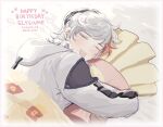  1boy arknights bed_sheet black_hair black_shirt blending closed_eyes commentary dated drooling elysium_(arknights) happy_birthday hood hoodie hugging_object male_focus multicolored_hair open_mouth pillow pillow_hug red_hair shirt simple_background sleeping solo streaked_hair twitter_username under_covers upper_body white_background white_hair white_hoodie zeji_(r131atm) zipper 