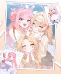  3girls absurdres animal_ears birthday blonde_hair blue_archive border cake drawn_blush drawn_flower drawn_heart dress food fox_ears gradient_eyes grin hair_between_eyes hair_brush hair_ornament hair_scrunchie halo hand_on_another's_cheek hand_on_another's_face hand_on_another's_shoulder hand_on_own_face happy_birthday hat highres holding holding_hair_brush holding_photo long_hair low_wings mika_(blue_archive) multicolored_eyes multiple_girls nagisa_(blue_archive) party_hat photo_(object) pink_hair polaroid_photo ponytail pov pov_hands purikura scrunchie seia_(blue_archive) sgholln shirt smile sweater swiss_roll table tea_party_(blue_archive) v white_border wings yellow_eyes 