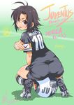  :p antenna_hair armband ass ball black_hair black_legwear blush cleats clothes_writing color_connection dated from_behind highres idolmaster idolmaster_(classic) inoue_sora italian italy juventus_fc kikuchi_makoto kneehighs looking_at_viewer looking_back pantylines purple_eyes revision ribbed_legwear serie_a short_hair shorts signature sitting sitting_on_object smile soccer soccer_ball soccer_uniform socks solo sportswear squatting tongue tongue_out wristband 