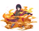  1girl black_eyes black_gloves black_hair brown_jacket dress fishnet_pantyhose fishnets flak_jacket forehead_protector gloves iwagakure_symbol jacket kurotsuchi_(naruto) looking_at_viewer naruto_(series) naruto_shippuuden naruto_shippuuden:_ultimate_ninja_blazing official_art pantyhose red_dress short_hair sleeveless sleeveless_jacket solo 
