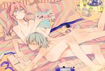  ass bad_id bad_pixiv_id barefoot bed blue_eyes book green_hair headphones inazuma_eleven_(series) inazuma_eleven_go kariya_masaki kirino_ranmaru lying male_focus multiple_boys mysterymiharu nude on_back on_stomach otoko_no_ko pink_hair raimon raimon_soccer_uniform reading soccer_uniform sportswear twintails yellow_eyes 