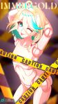  1girl absurdres armpits arms_behind_head arms_up ass bare_hips blonde_hair braid breasts caution_tape cecilia_immergreen colored_inner_hair convenient_censoring doll doll_joints double-parted_bangs english_text flat_chest green_eyes green_streaks hair_between_eyes highres hololive hololive_english joints looking_at_viewer multicolored_hair navel noob_noobington nude one_eye_closed pixel_art self-upload short_hair side_braid signature simple_background single_braid small_breasts solo sparkle sparkling_eyes streaked_hair tongue tongue_out two-tone_hair virtual_youtuber watermark white_background winding_key 