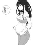  a bangs breasts chitanda_eru comic covered_navel covered_nipples greyscale hyouka long_hair medium_breasts monochrome pants pregnant profile shirt simple_background smile solo suesan translated white_background 