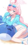  1girl ahoge aqua_jacket ass belly bent_over bikini bikini_skirt blue-tinted_eyewear blue_archive blush commentary eyewear_on_head frilled_bikini frills hair_between_eyes hair_ornament hair_scrunchie halo heart heterochromia highres hoshino_(blue_archive) hoshino_(swimsuit)_(blue_archive) huge_ahoge inflatable_toy inflatable_whale jacket long_hair low-tied_long_hair lying_on_another navel pink_hair pink_halo platform_sandals red_scrunchie sand sandals scrunchie smile solo spoken_heart stuffed_whale swimsuit tinted_eyewear white_background white_bikini white_sandals yoshiharu_auf 