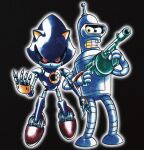  2boys animal_ears bender_bending_rodriguez black_background claws clenched_teeth colored_sclera commentary crossover energy_gun full_body futurama goggles gun highres holding holding_gun holding_weapon humanoid_robot looking_at_viewer mamono_world mecha metal_sonic multiple_boys no_humans non-humanoid_robot open_hand pointy_nose red_eyes retro_artstyle robot robot_animal simple_background sonic_(series) teeth traditional_media weapon yellow_eyes 