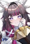  bare_shoulders black_hair black_sleeves blush closed_mouth columbina_(genshin_impact) commentary_request dress genshin_impact gloves hair_ornament hair_ribbon hand_on_another's_cheek hand_on_another's_face head_wings heart highres long_hair looking_at_viewer multicolored_hair multiple_wings potatomochi_(potatomochi_7) purple_eyes purple_hair purple_streaks ribbon sandrone_(genshin_impact) simple_background smile streaked_hair two-tone_hair upper_body white_background white_dress white_gloves white_wings wing_hair_ornament wings yuri 