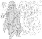  1boy 2girls ? ?? ahoge baseball_bat blush book breasts camera chain choker closed_mouth coat collarbone collared_shirt covered_mouth cowboy_shot crossed_bangs dan_heng_(honkai:_star_rail) dan_heng_(hunt)_(honkai:_star_rail) earrings english_commentary english_text flower_ornament from_side gloves hair_between_eyes half-closed_eyes hand_on_another's_waist highres holding holding_baseball_bat holding_book honkai:_star_rail honkai_(series) huge_ahoge jacket jewelry lapels long_hair long_skirt long_sleeves looking_at_another looking_at_object looking_at_viewer majunjuu march_7th_(honkai:_star_rail) march_7th_(preservation)_(honkai:_star_rail) medium_breasts monochrome multiple_girls open_book open_clothes open_jacket open_mouth pocket_watch reading shirt short_hair sidelocks simple_background single_earring sketch skirt smile speech_bubble spoken_question_mark standing stelle_(honkai:_star_rail) sweat t-shirt tied_jacket trailblazer_(honkai:_star_rail) upper_body watch yuri 