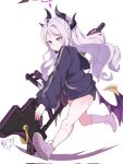  1girl black_hoodie black_shorts blue_archive commentary corrupted_twitter_file demon_girl demon_horns demon_wings english_commentary grey_hair gun halo highres hina_(blue_archive) holding holding_gun holding_weapon hood hoodie horns kneehighs light_blush long_hair long_sleeves low_wings machine_gun pink_eyes ponytail purple_hair purple_halo revolverwing running short_shorts shorts socks solo spiked_wings sweatdrop very_long_hair weapon white_background wings 
