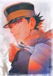  1boy black_hair golden_kamuy grey_sky hat highres itobi24 jacket kepi looking_at_viewer looking_back male_focus military_hat outdoors scar scar_on_cheek scar_on_face scar_on_mouth scar_on_nose scarf short_hair sky smile solo sugimoto_saichi tree upper_body 