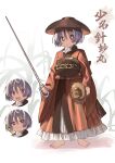  1girl absurdres barefoot bowl bowl_hat bright_pupils commentary d: full_body hair_between_eyes hangaku_th hat highres holding holding_needle japanese_clothes kimono looking_at_viewer mini_person miracle_mallet multiple_expressions needle needle_sword open_mouth purple_hair red_eyes red_kimono short_hair smile solo standing sukuna_shinmyoumaru touhou translation_request white_pupils 