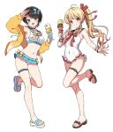  2girls ahoge bare_shoulders beamed_eighth_notes bikini bikini_under_clothes black_hair blonde_hair blue_eyes blush bow breasts brown_eyes brown_jacket brown_sailor_collar brown_sandals commentary drawstring eighth_note food frilled_one-piece_swimsuit frills grin hair_bow hair_ornament holding holding_food hololive hololive_dev_is hood hood_down hooded_jacket ice_cream jacket long_hair mauve medium_breasts multiple_girls multiple_scoops musical_note musical_note_hair_ornament off_shoulder one-piece_swimsuit oozora_subaru open_clothes open_jacket otonose_kanade ponytail sailor_collar sandals short_hair simple_background sketch smile standing standing_on_one_leg striped_bow swimsuit thigh_strap untranslatable_commentary v-shaped_eyebrows very_long_hair virtual_youtuber white_background white_bikini white_one-piece_swimsuit white_sandals wrist_cuffs 