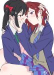  2girls black_hair blue_jacket blue_skirt blush bow bowtie commentary_request eye_contact grey_sweater_vest hair_bow hand_in_another's_hair hand_on_another's_cheek hand_on_another's_face hand_under_clothes hand_under_skirt highres jacket looking_at_another love_live! love_live!_school_idol_project medium_hair multiple_girls nishikino_maki otonokizaka_school_uniform plaid_clothes plaid_skirt pleated_skirt purple_eyes red_bow red_eyes red_hair school_uniform shirt sidelocks signature simple_background skirt surfacedxxc sweater_vest twintails undone_bowtie white_background white_shirt yazawa_nico yuri 